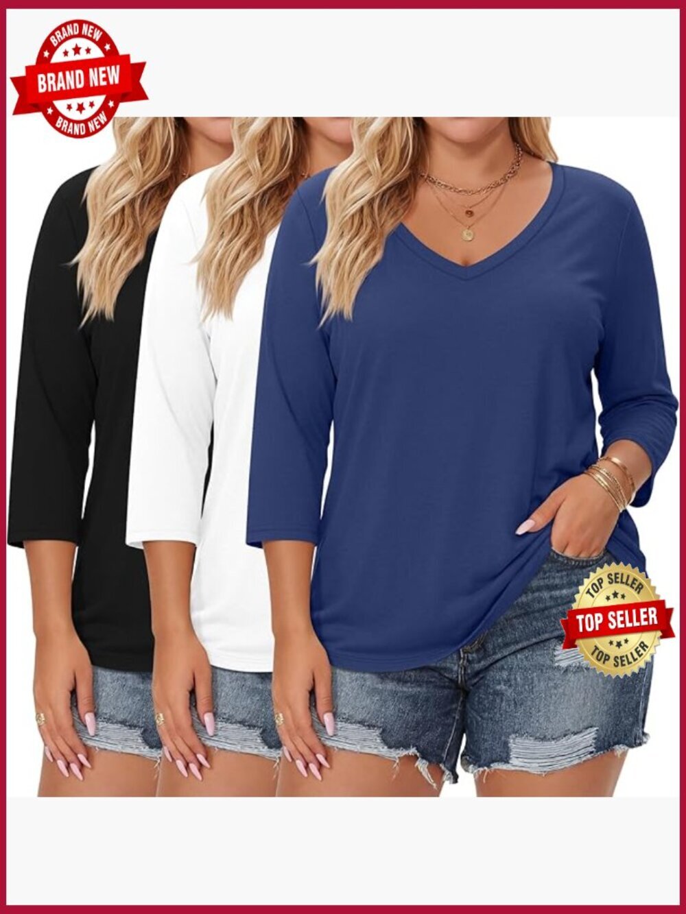 Women's 3/4 Sleeve V-Neck T-Shirts 3 Pack Loose Fit Cotton Tees